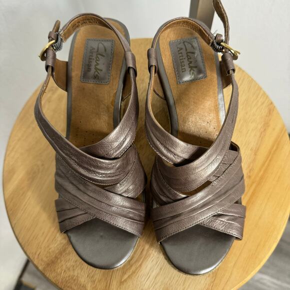 CLARKS ARTISAN Leather Slingback Active Air Peep Toe Wedge Heels Sandals Size 7 - Picture 4 of 9